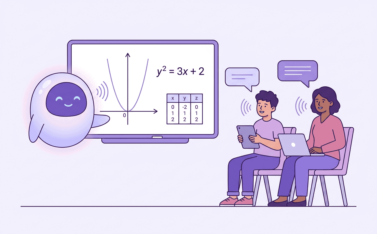 An AI teacher beside a digital whiteboard showing a graph and equation, with two students listening